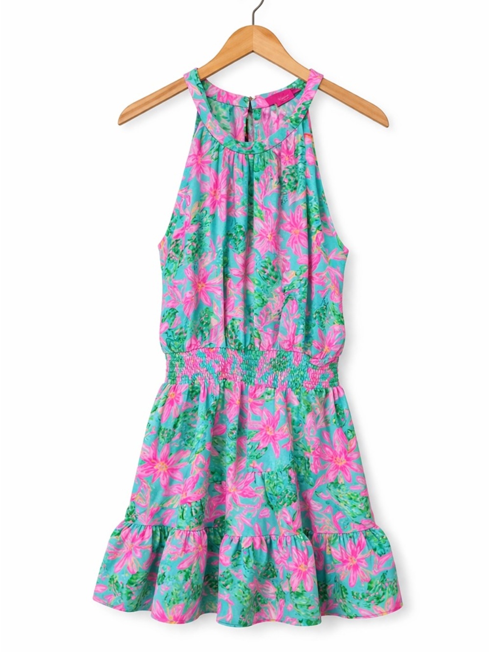 Lilly Pulitzer Cristiana Halter Smocked Waist Dress Pink Green Floral Size 8